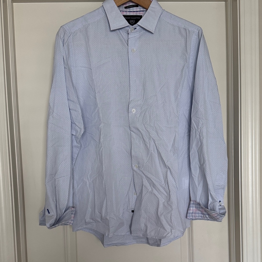 Report Collection Men’s White Shirt with Pink and Light Blue Plaid Trim